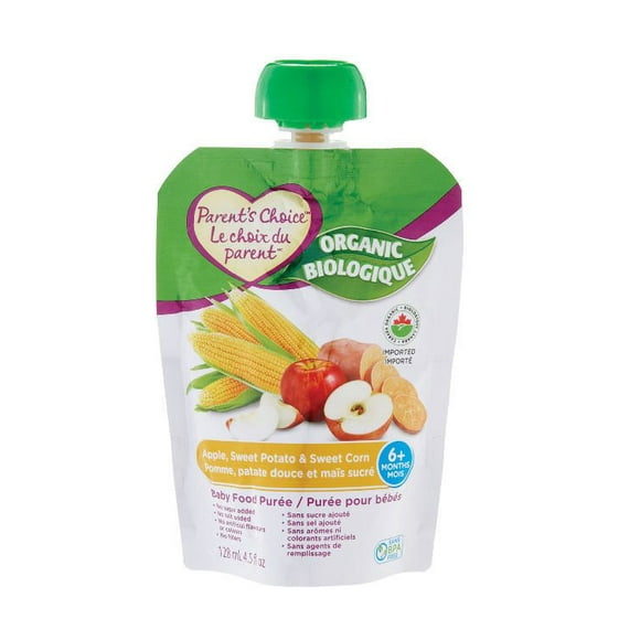 Purée biologique pour bébé Le Choix du Parent à saveur de pomme, patate douce et mais sucré 128 ml